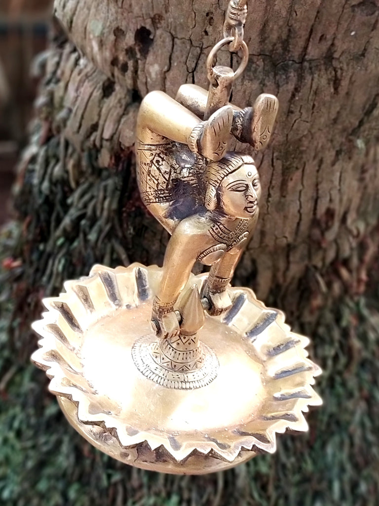 Majestic Brass Yogasana Lady Lamp In Vrishchikasana Posture. Length 107 cm x Dia 18 cm