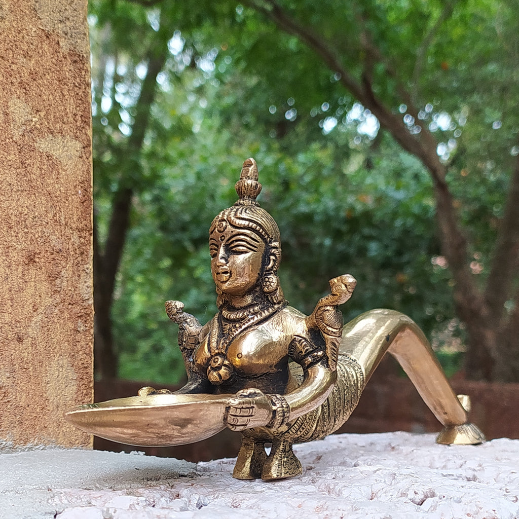 Hindu Deity Deep Lakshmi Holding A Oil Lamp. Length 26 cm x Width 9 cm x Height 11 cm