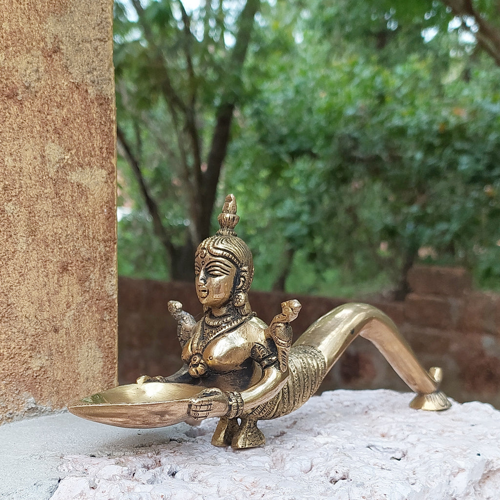 Hindu Deity Deep Lakshmi Holding A Oil Lamp. Length 26 cm x Width 9 cm x Height 11 cm