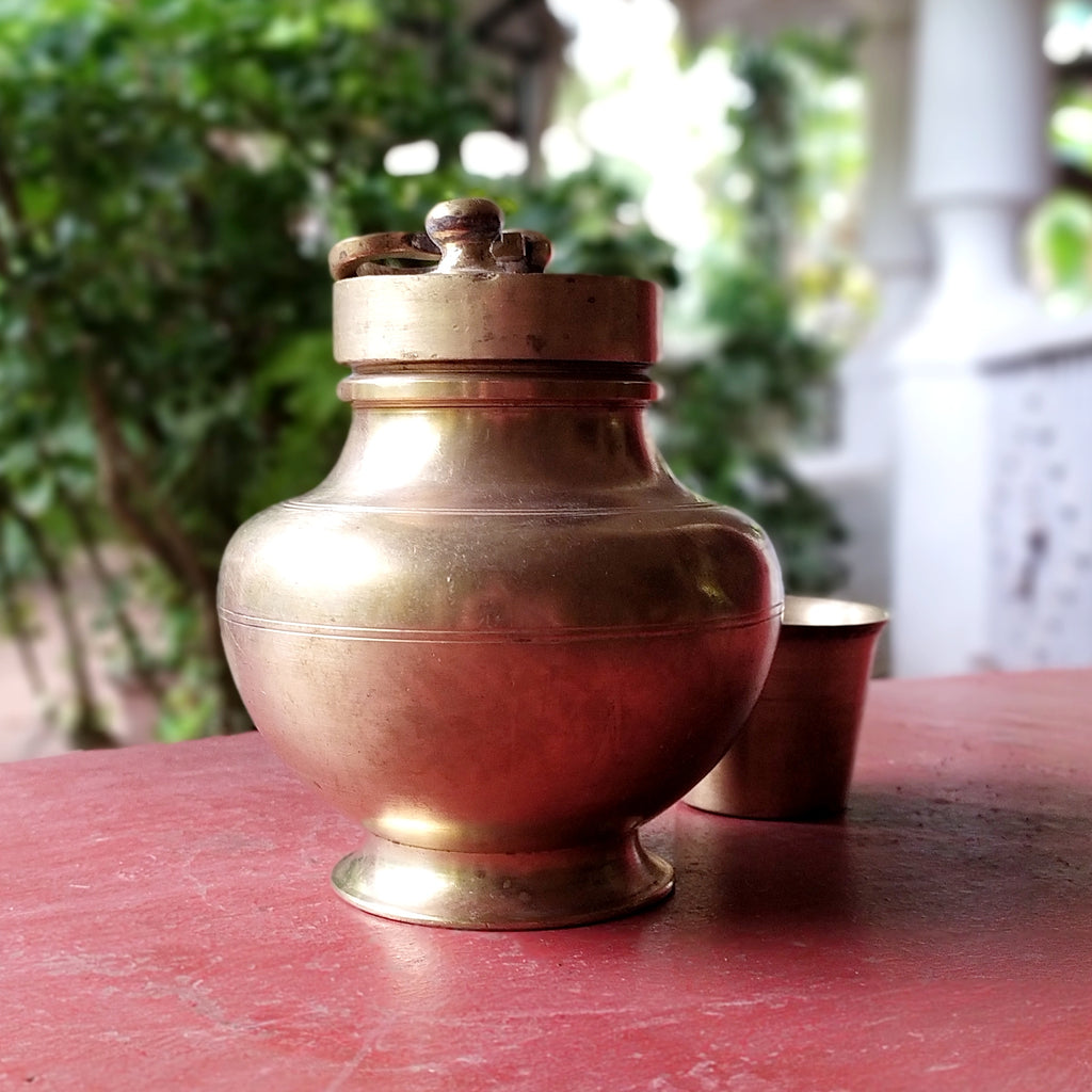 Brass Gangajal Vessel for Holy Ganges Water From The Himalayas. Ht 13 cm x Circumference 38  cm