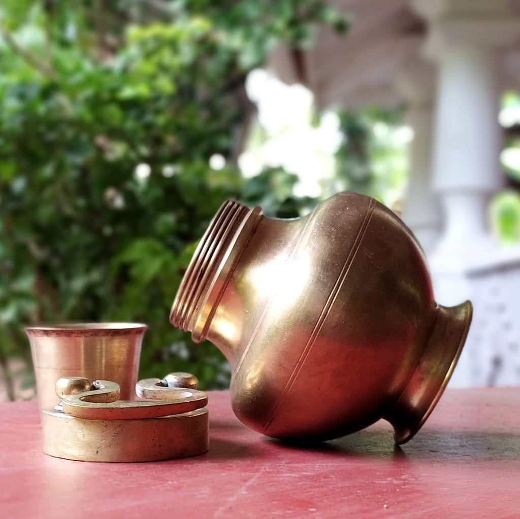 Brass Gangajal Vessel for Holy Ganges Water From The Himalayas. Ht 13 cm x Circumference 38  cm