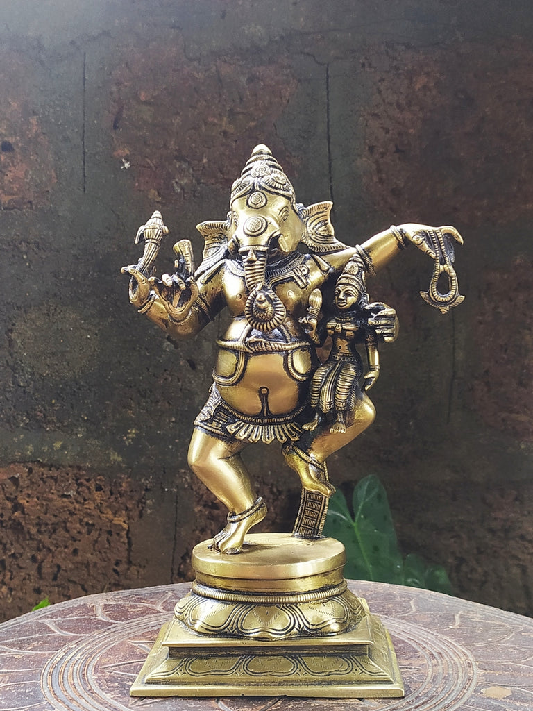 Majestic Brass Sculpture of Dancing Ganesha With Lakshmi . H 30 cm x W 20 cm