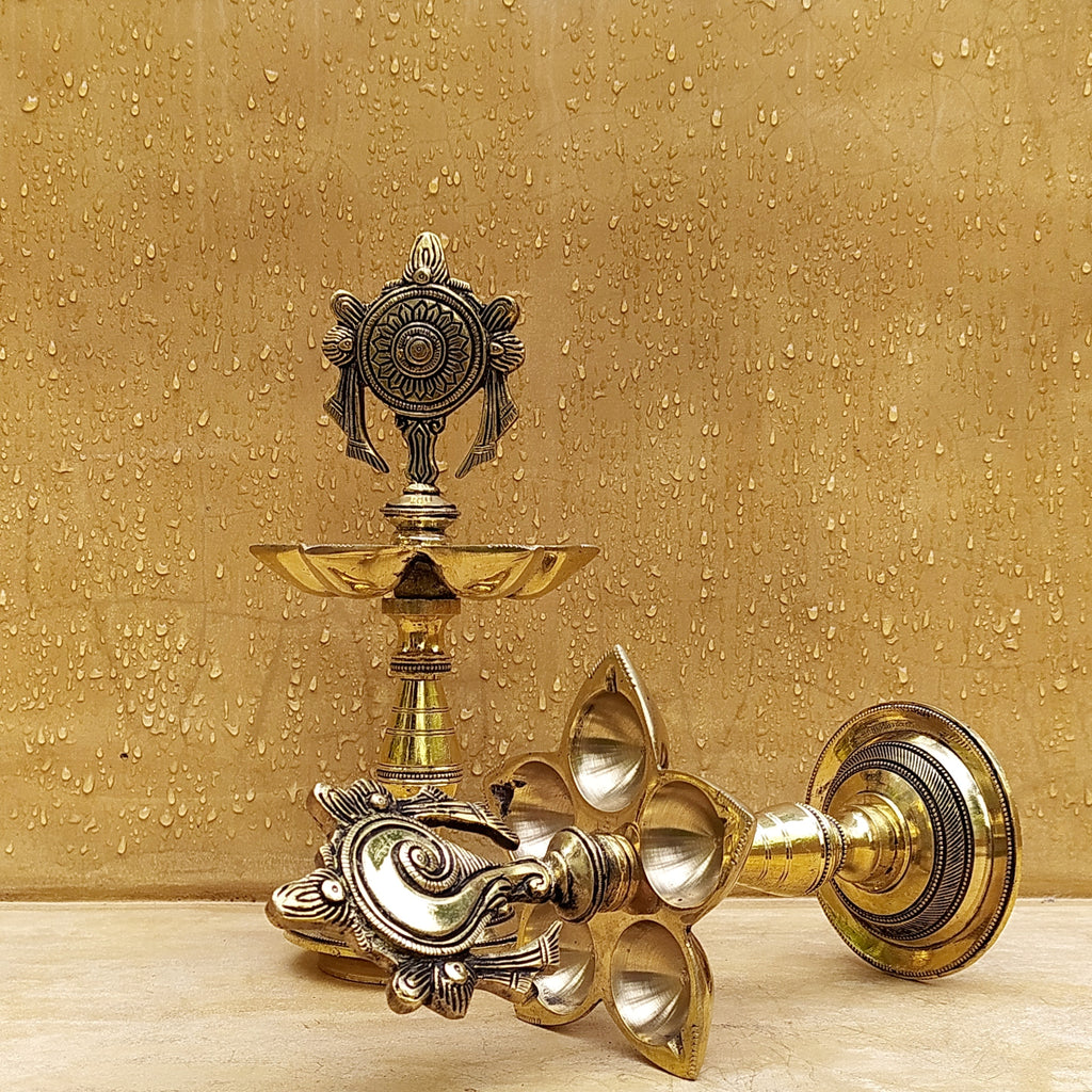 Pair Of Brass Shankra & Lord Vishnu Oil Lamps With 5 Diyas - Height 26 cm x Diameter 12 cm