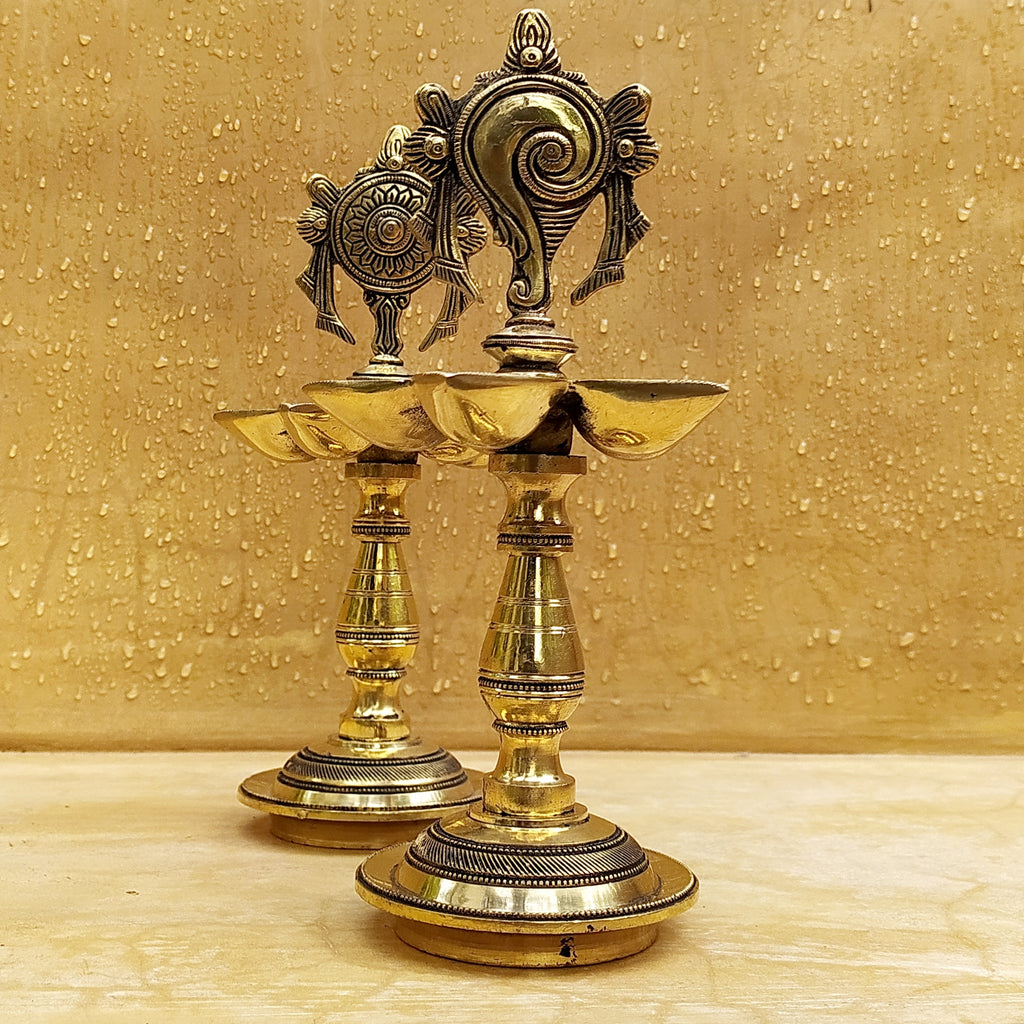 Pair Of Brass Shankra & Lord Vishnu Oil Lamps With 5 Diyas - Height 26 cm x Diameter 12 cm