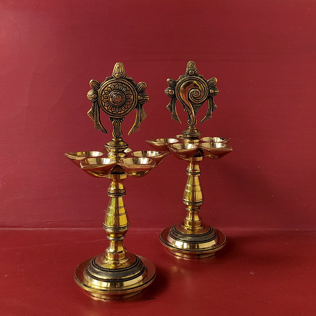 Pair Of Brass Shankra & Lord Vishnu Oil Lamps With 5 Diyas - Height 26 cm x Diameter 12 cm