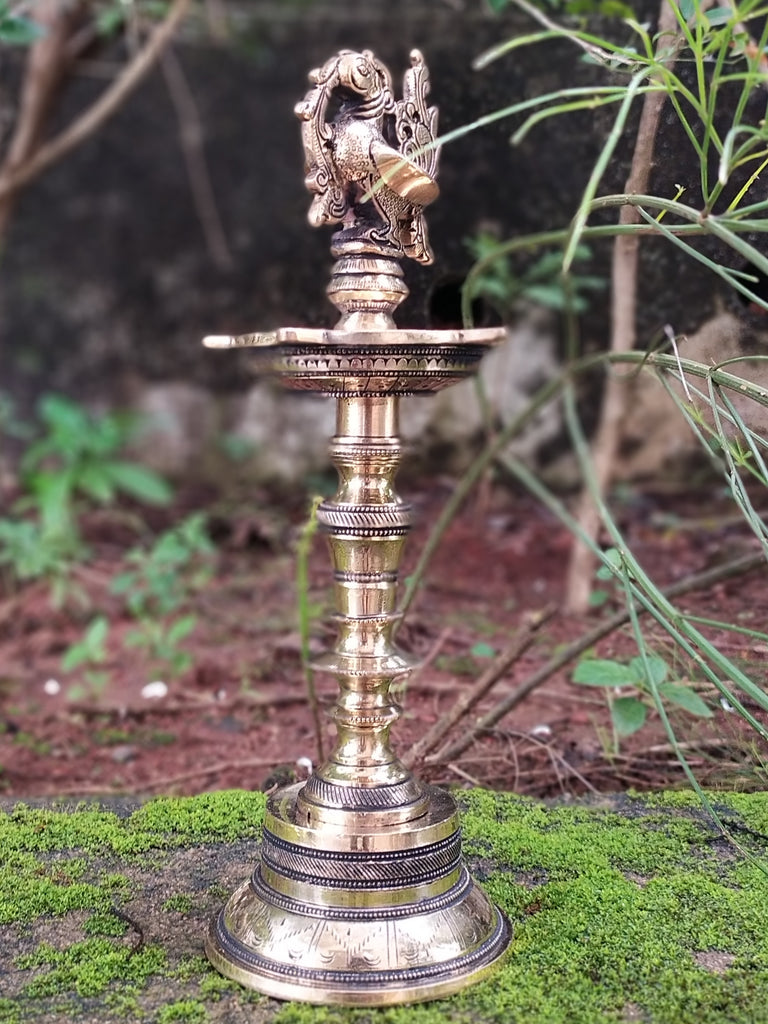 Exquisite Brass Oil Lamp With 5 Diyas Handcrafted With The Mythical Hamsa  -  Ht 30 cm