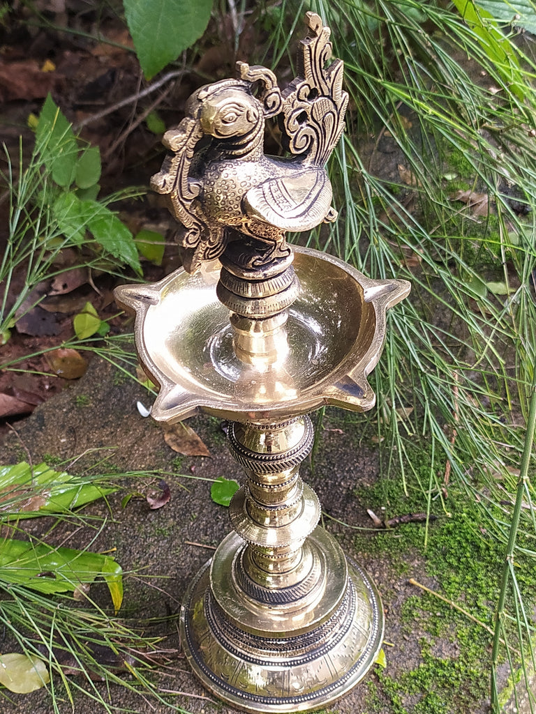 Exquisite Brass Oil Lamp With 5 Diyas Handcrafted With The Mythical Hamsa  -  Ht 30 cm