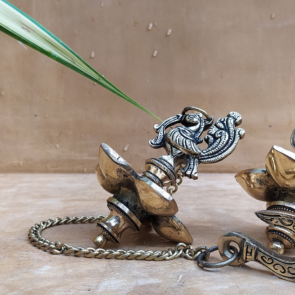 Exquisite Pair Of Brass Peacocks Oil & Wick Lamps On Chains - 51 cm Tall