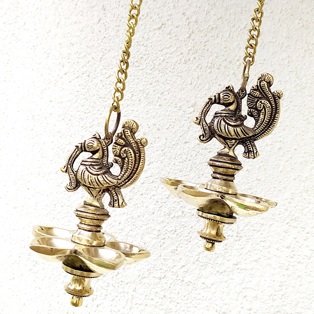 Exquisite Pair Of Brass Peacocks Oil & Wick Lamps On Chains - 51 cm Tall