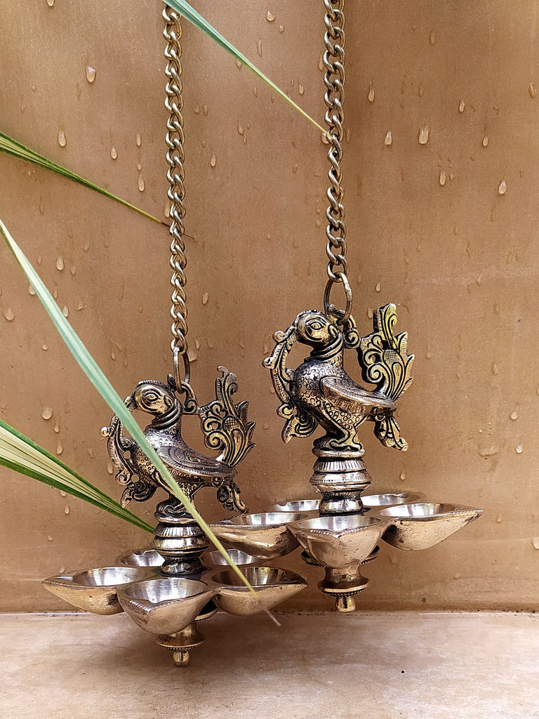 Exquisite Pair Of Mythical Brass Hamsa Oil & Wick Lamps On Chains - 53 cm Tall