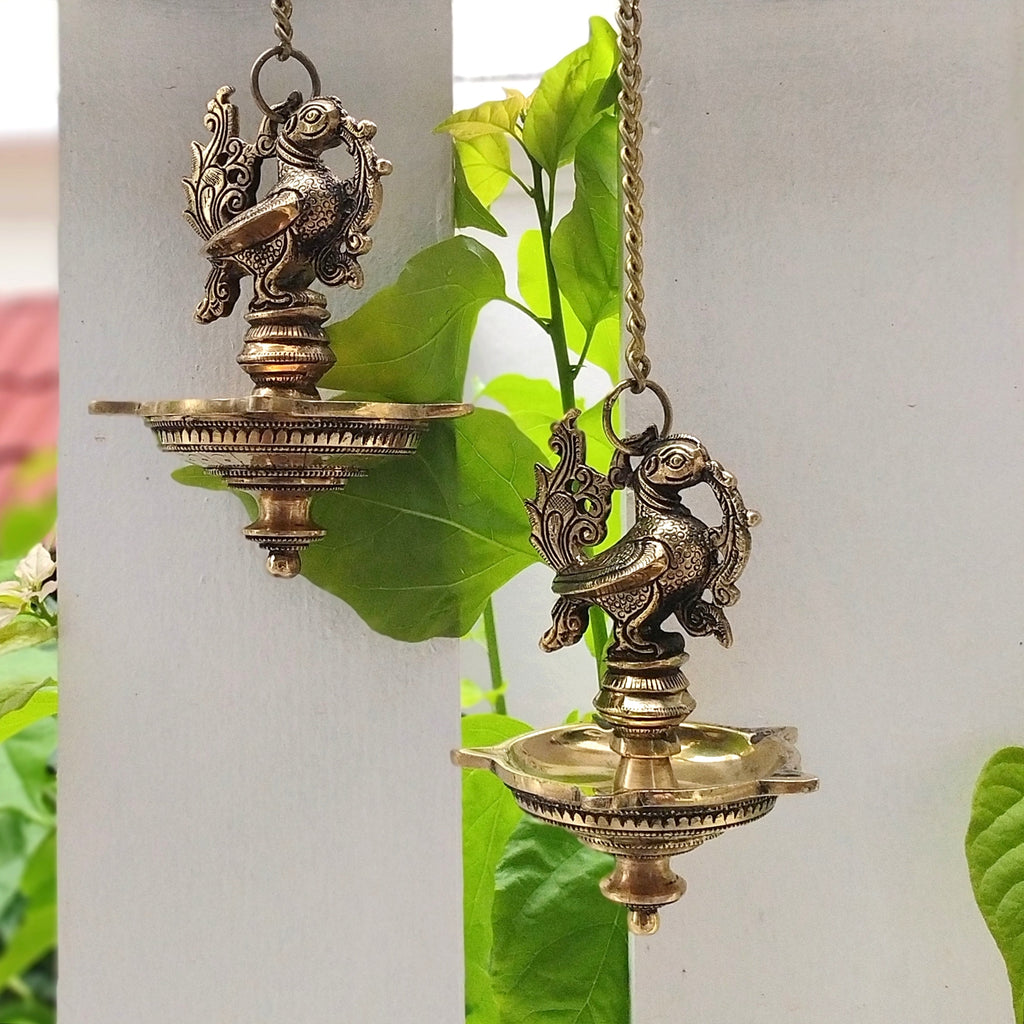 Divine Pair Of Mythical Brass Hamsa Oil & Wick Lamps On Chains - 53 cm Tall