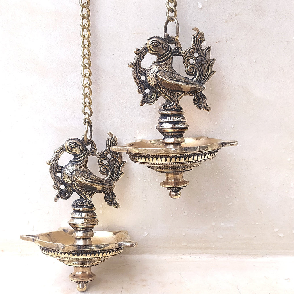 Divine Pair Of Mythical Brass Hamsa Oil & Wick Lamps On Chains - 53 cm Tall