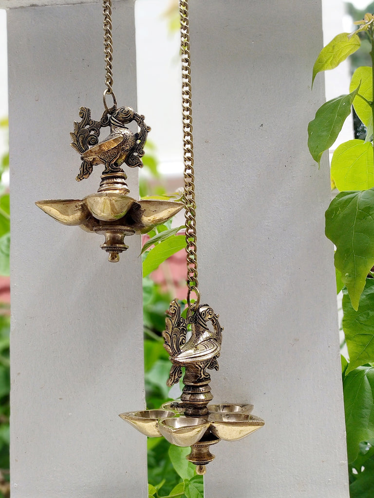 Exquisite Pair Of Mythical Brass Hamsa Oil & Wick Lamps On Chains - 53 cm Tall
