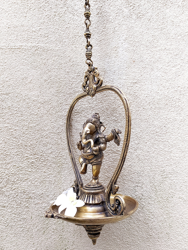 Magnificent Dancing Ganesha Vilakku Hanging Oil Lamp. Height With Chain 90 cm x Width 19 cm