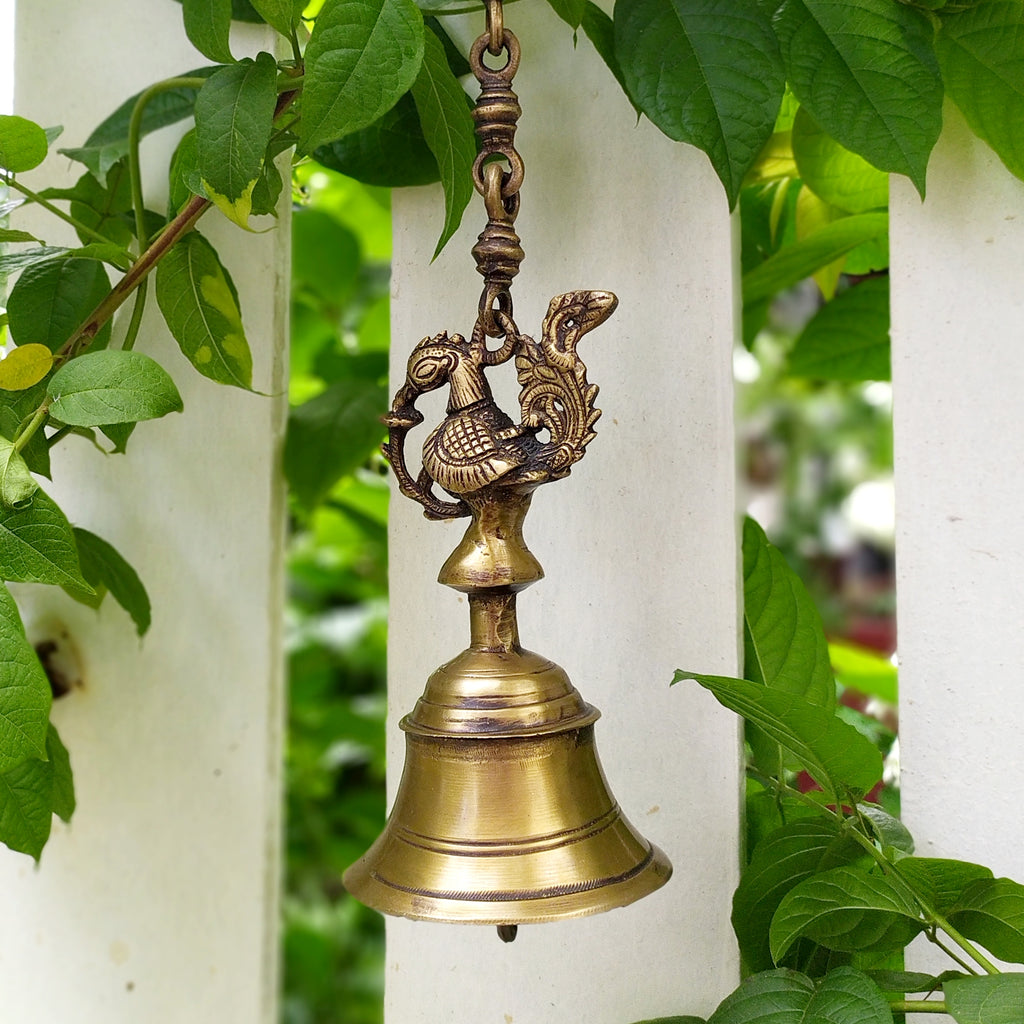 Vintage Brass Temple Bell With Majestic Peacock On A Chain - Length 61 cm x Dia 9 cm