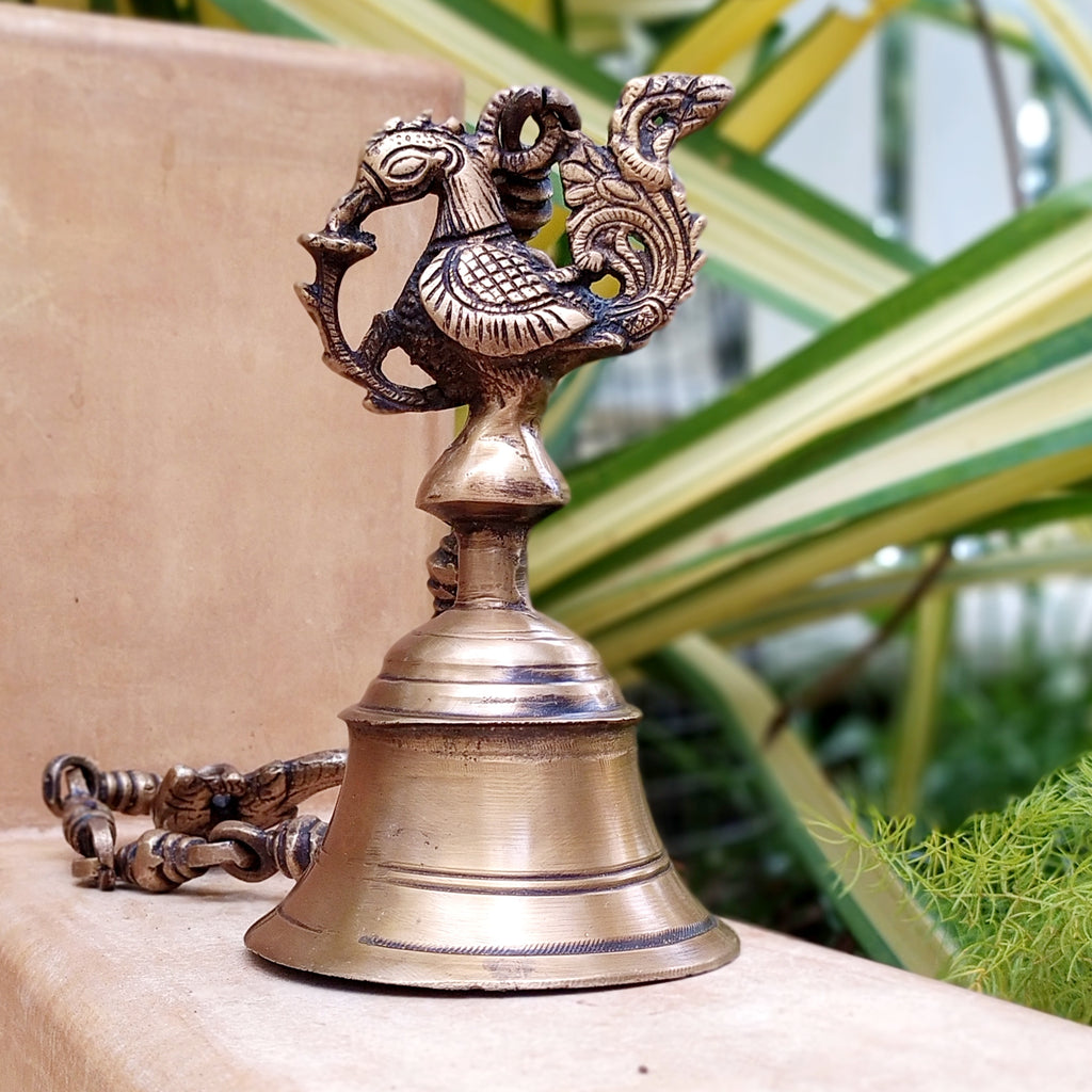 Vintage Brass Temple Bell With Majestic Peacock On A Chain - Length 61 cm x Dia 9 cm