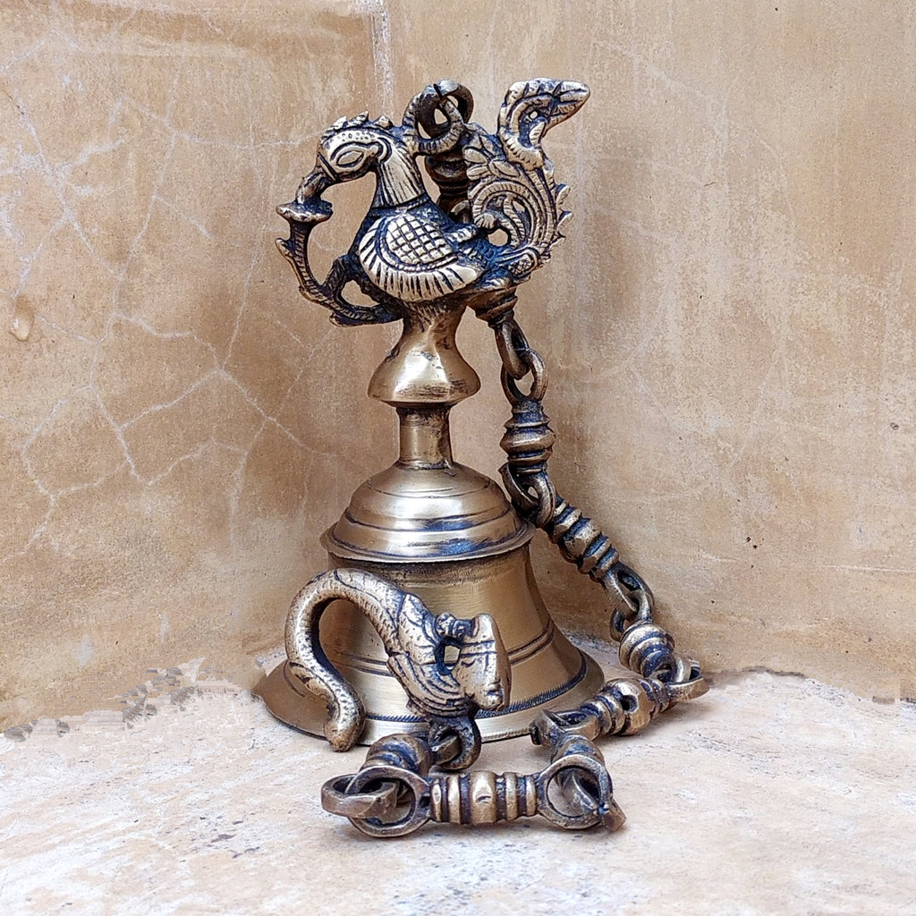 Vintage Brass Temple Bell With Majestic Peacock On A Chain - Length 61 cm x Dia 9 cm