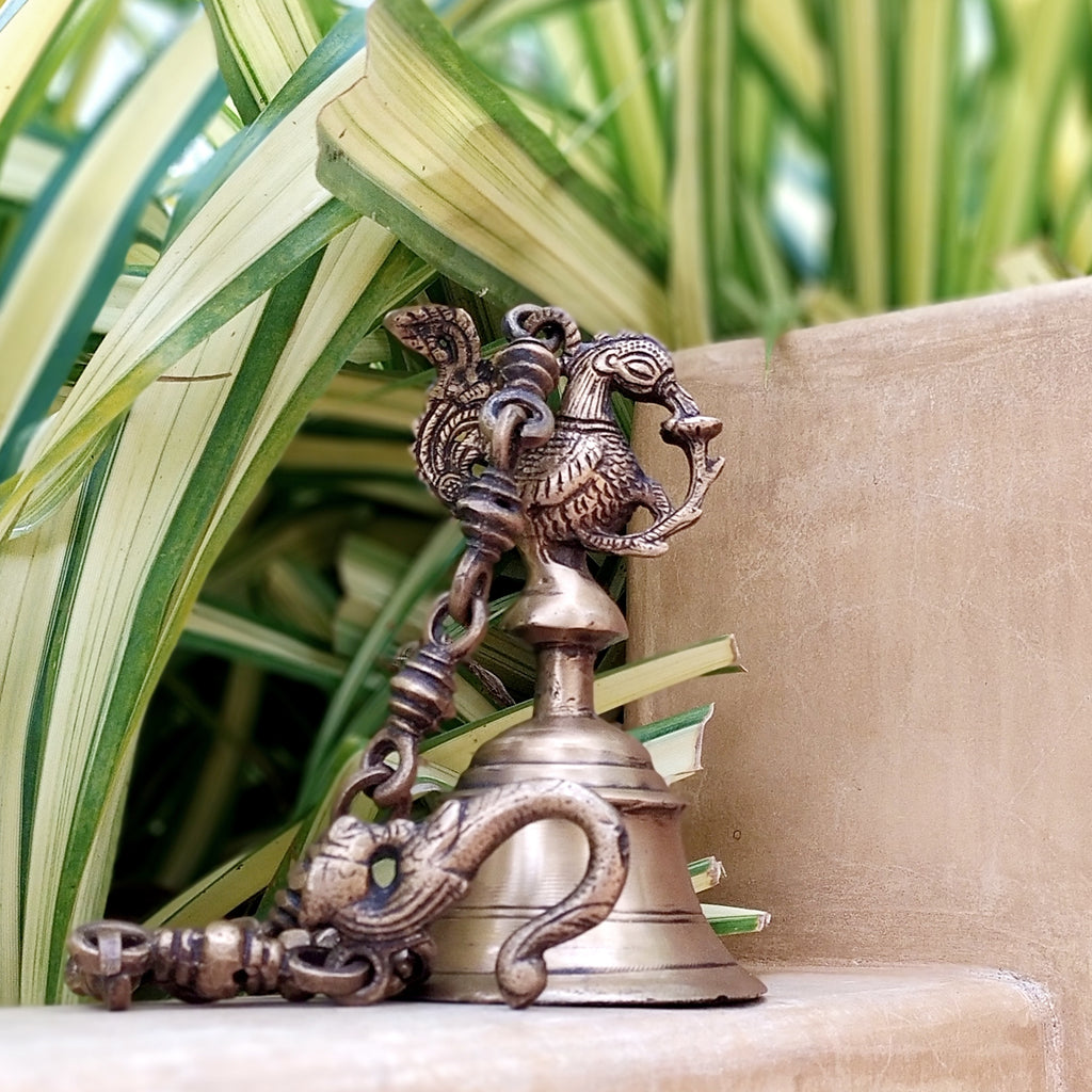 Vintage Brass Temple Bell With Majestic Peacock On A Chain - Length 61 cm x Dia 9 cm
