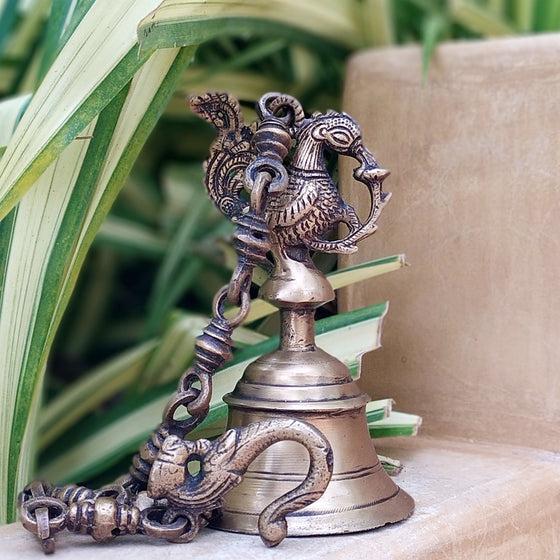 Vintage Brass Temple Bell With Majestic Peacock On A Chain - Length 61 cm x Dia 9 cm