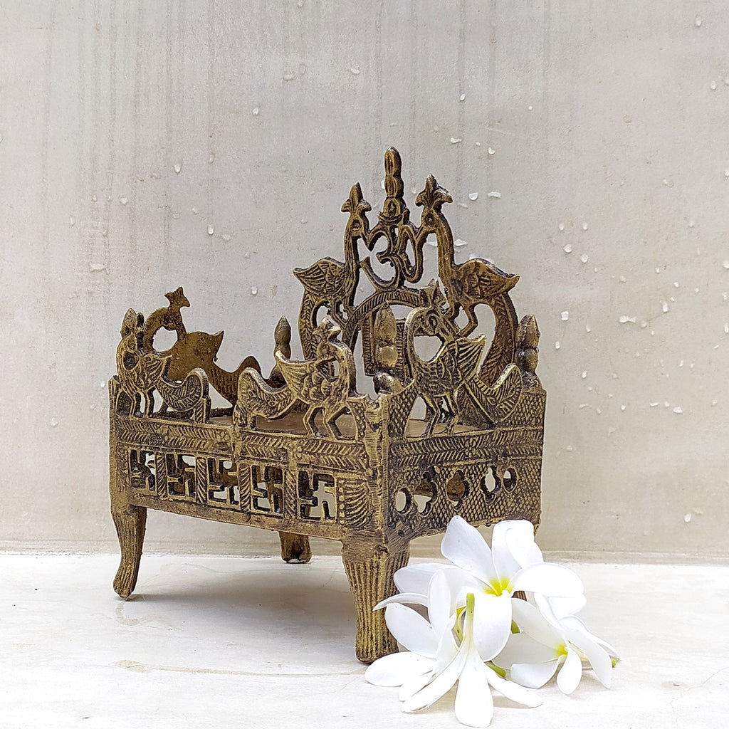 Brass Singhasan | Throne Crafted With Peacocks. L 17 cm x Ht 22 cm x W 12 cm