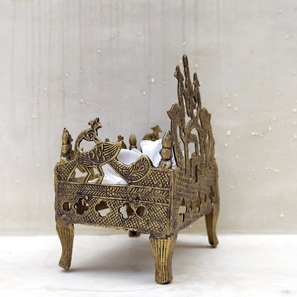Brass Singhasan | Throne Crafted With Peacocks. L 17 cm x Ht 22 cm x W 12 cm