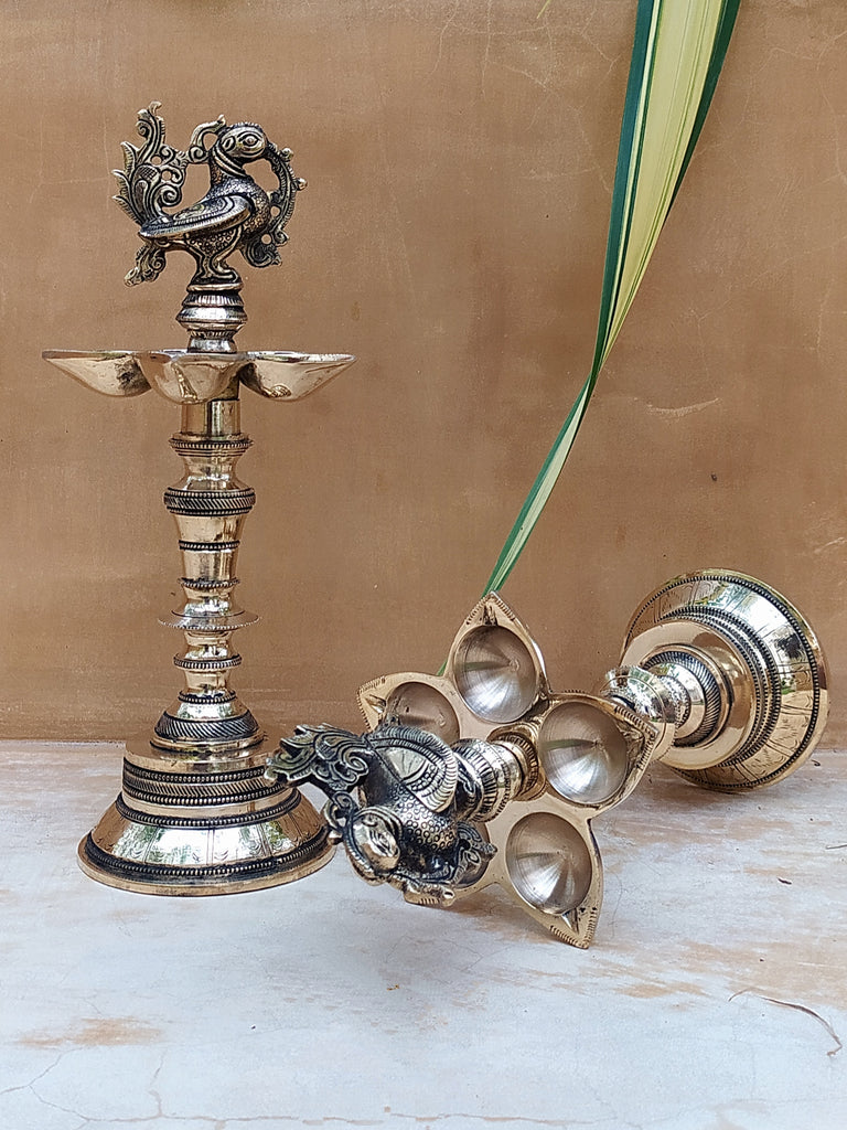 Pair Of Exquisite Brass Oil Lamps With 5 Diyas Handcrafted With The Mythical Hamsa  -  Ht 30 cm