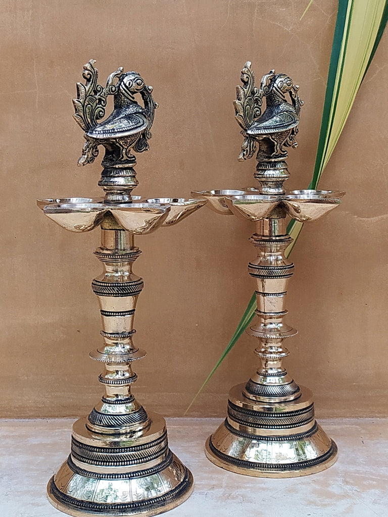 Pair Of Exquisite Brass Oil Lamps With 5 Diyas Handcrafted With The Mythical Hamsa  -  Ht 30 cm