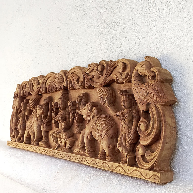 Wooden Hand Carved Sculpture Of Lakshmi - Goddess of Wealth & Prosperity. Length 90 cm x Ht 30 cm x D 5 cm