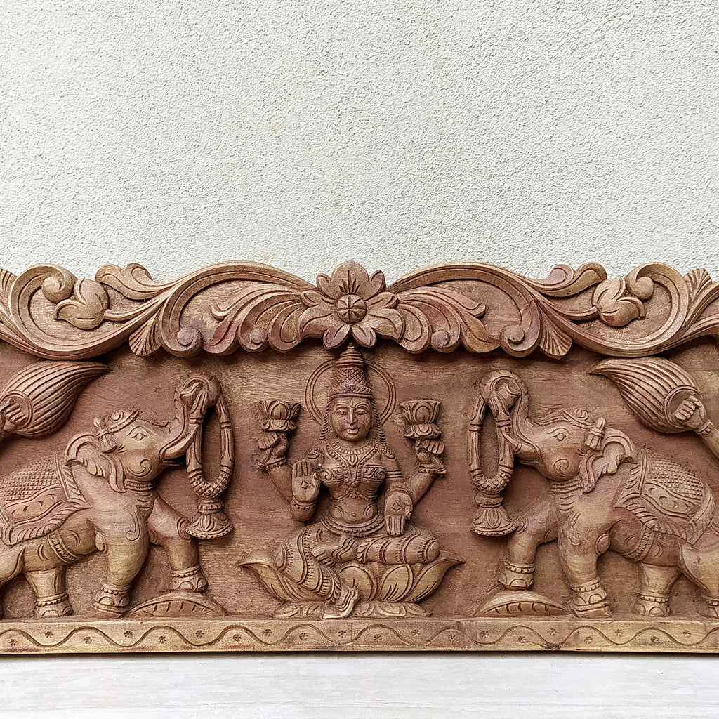 Wooden Hand Carved Sculpture Of Lakshmi - Goddess of Wealth & Prosperity. Length 90 cm x Ht 30 cm x D 5 cm