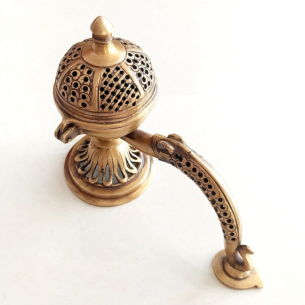Handcrafted Tibetan Brass Incense Burner With A Curved Handle - L 25 cm x W10 cm x H 20 cm