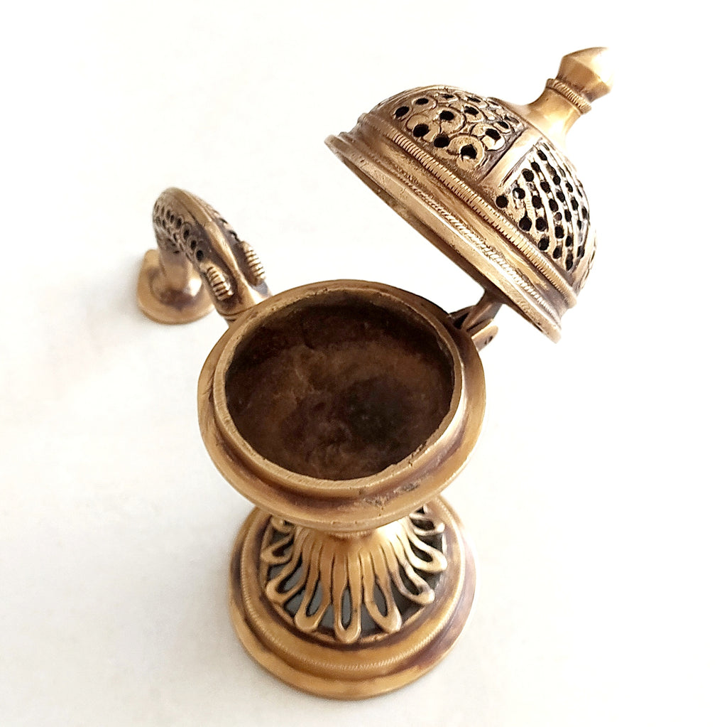Handcrafted Tibetan Brass Incense Burner With A Curved Handle - L 25 cm x W10 cm x H 20 cm