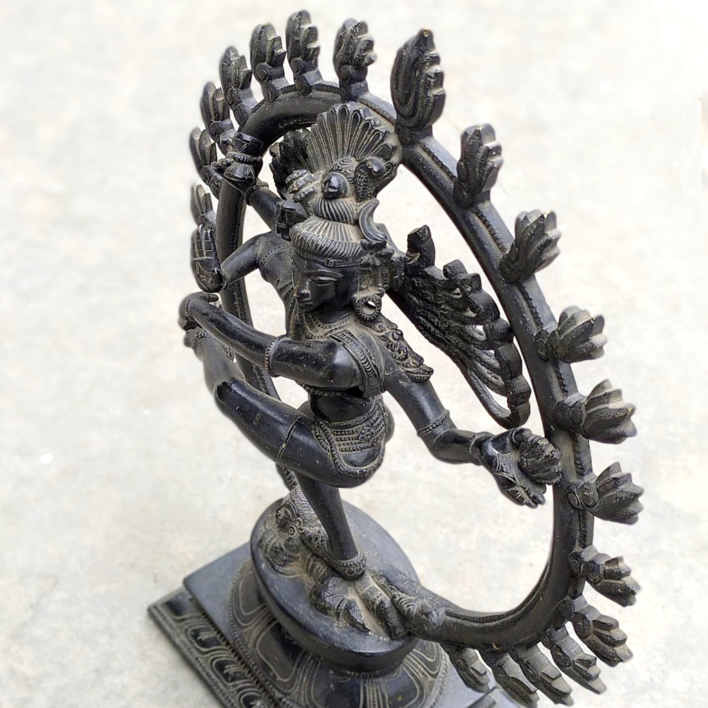 Majestic Vintage Brass Sculpture of Lord Shiva As Dancing Natraja In Dark Patina. Ht 35 cm x W 28 cm