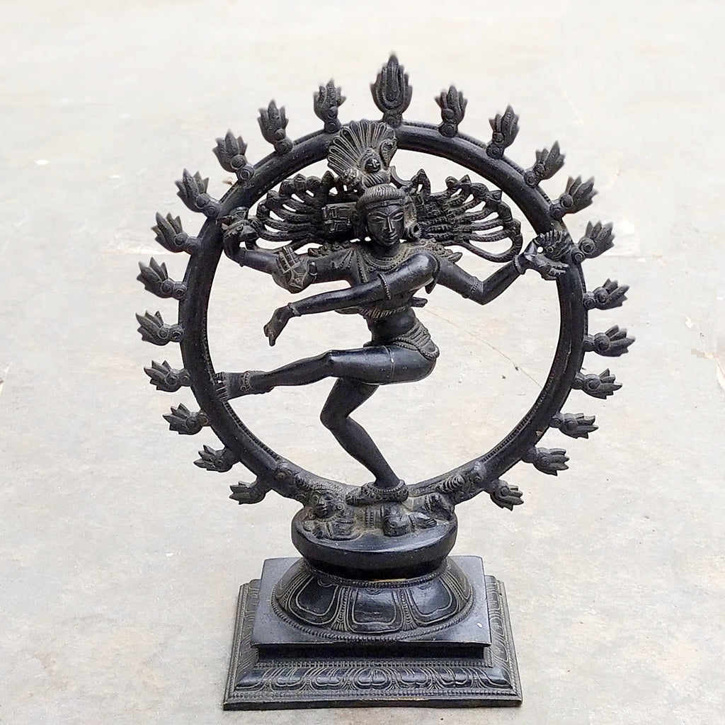 Majestic Vintage Brass Sculpture of Lord Shiva As Dancing Natraja In Dark Patina. Ht 35 cm x W 28 cm