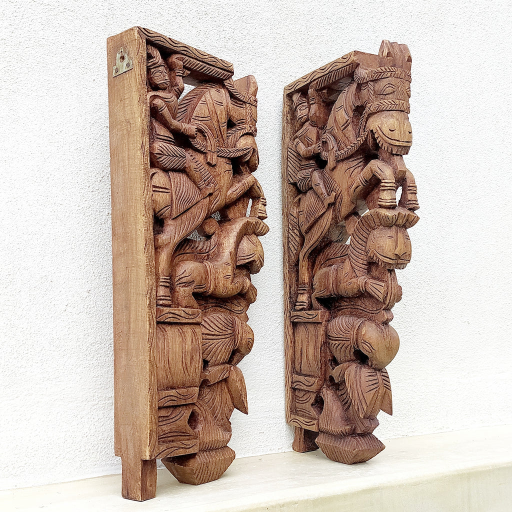 Pair Of Majestic Wooden Wall Brackets Of Vir - The Warrior & The Mythical Yali - Ht 46 cm x W 20 cm