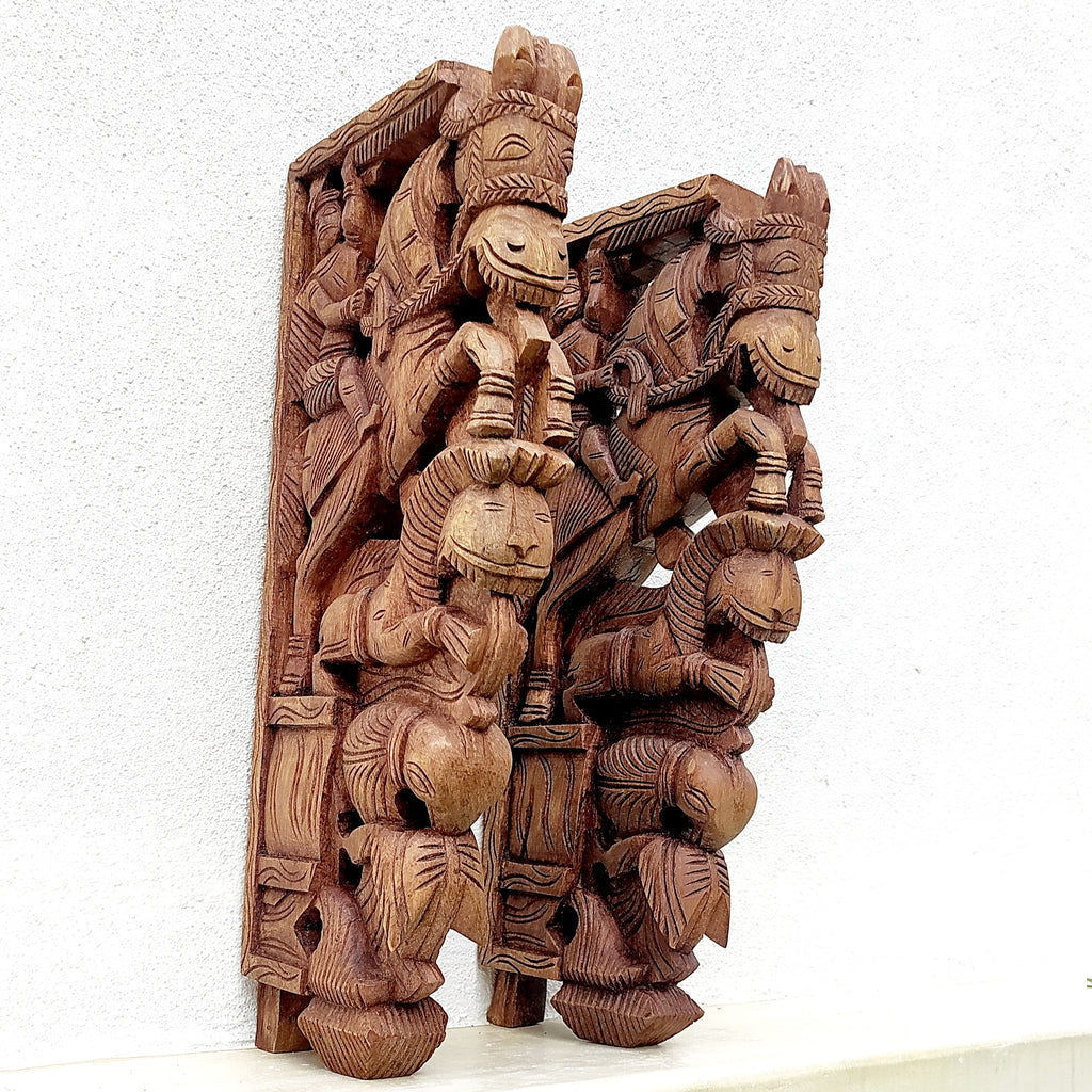 Pair Of Majestic Wooden Wall Brackets Of Vir - The Warrior & The Mythical Yali - Ht 46 cm x W 20 cm