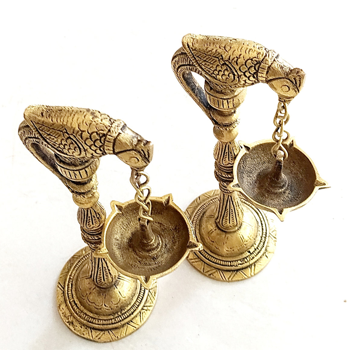 Pair Of Vintage Brass Parrots With Hanging Oil & Wick Lamps On Chains - 19 cm Tall