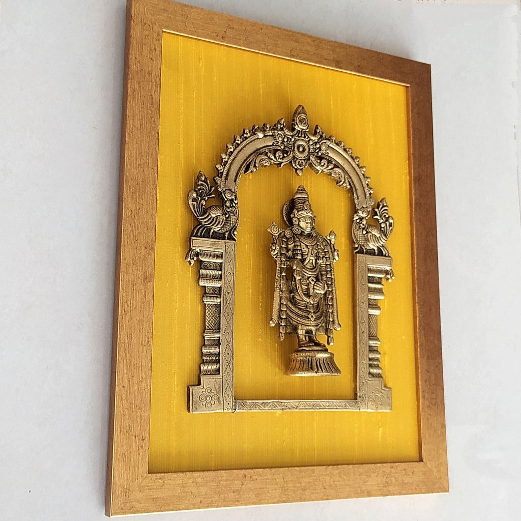 Brass Prabhavali Framed On Yellow Golden Silk With Lord Balaji . Frame - Height 45 cm x Width 35 cm