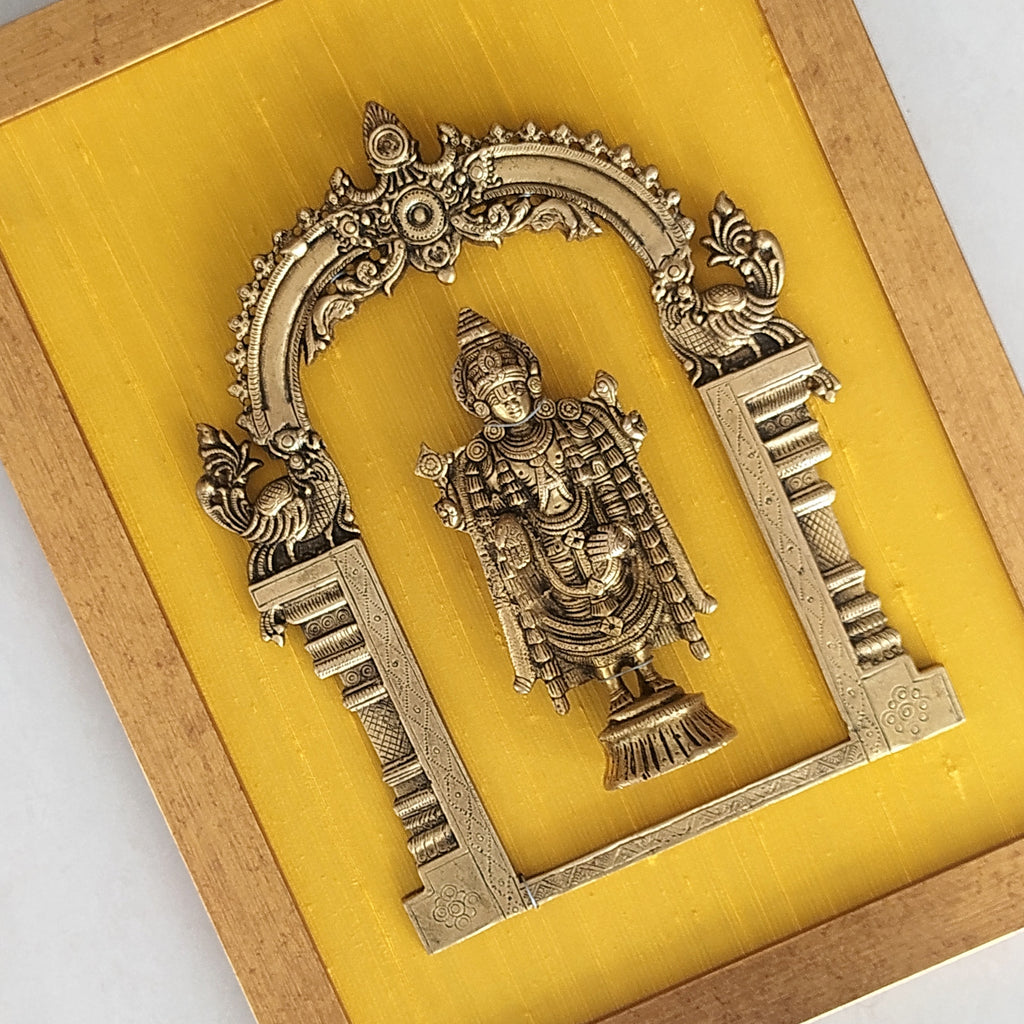 Brass Prabhavali Framed On Yellow Golden Silk With Lord Balaji . Frame - Height 45 cm x Width 35 cm