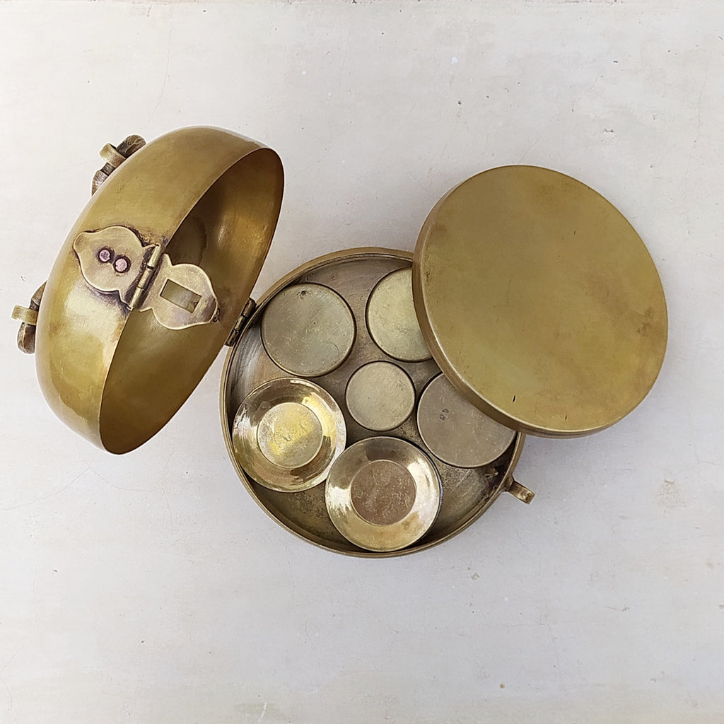 Traditional Brass Round Paan Dan | Beetle Nut Box With 6 Containers. Dia 19 cm x Ht 15 cm