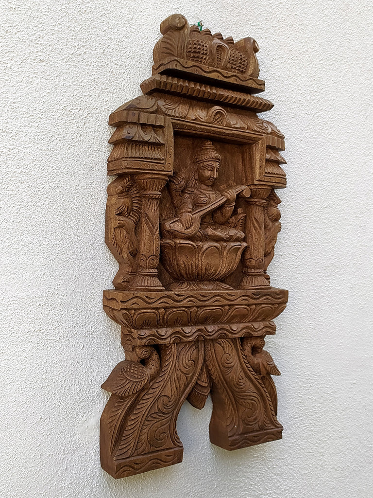 Handcrafted Wooden Kavadi Panel Of Saraswati - Goddess of Music, Art & Learning.  Ht 60 cm x W 30 cm