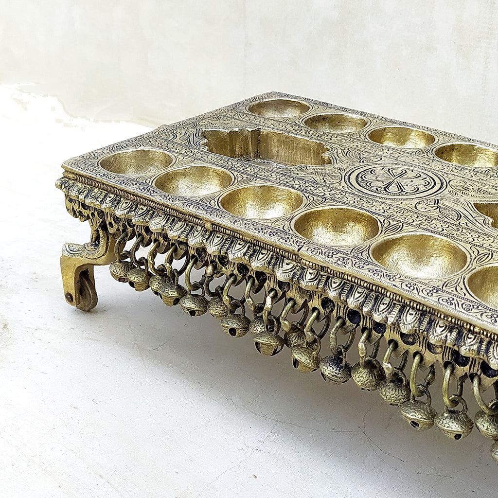 Exquisite Brass Pallanghuzi Board Mind Game With 14 Pits Handcrafted In South Of India - L 14 x W 7.5 x H 4.5 Inches