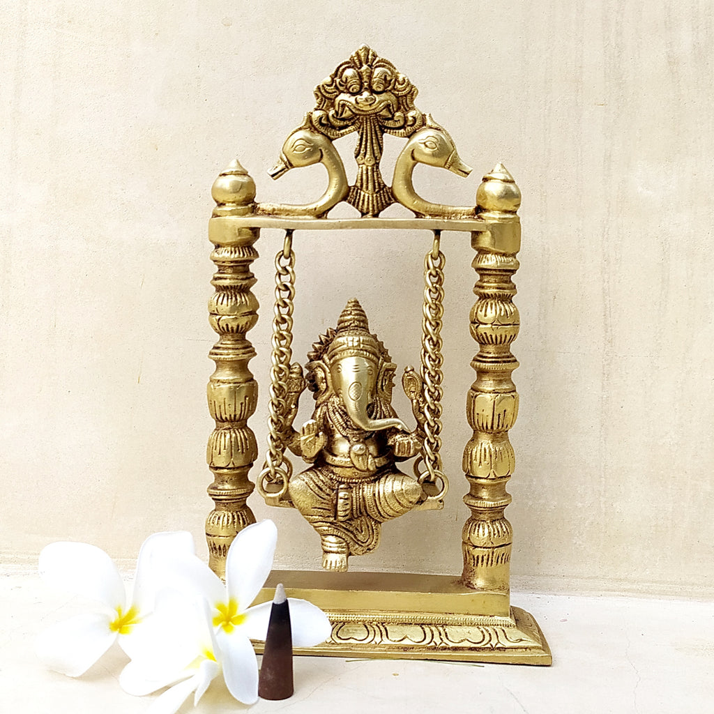 Hindu Deity Ganesha On Brass Jhoola | Swing- Height 23 cm x Width 14 cm x Depth 5 cm