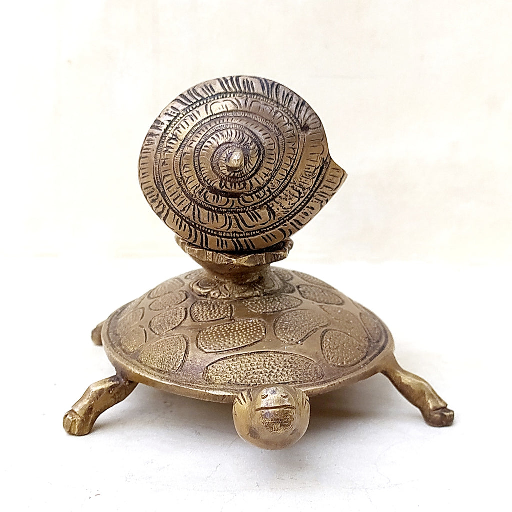Vintage Brass Kala Gurjari Shankha | Conch On Tortoise Stand- Sacred Emblem of Indian God Vishnu - L 20 cm x W 13 cm