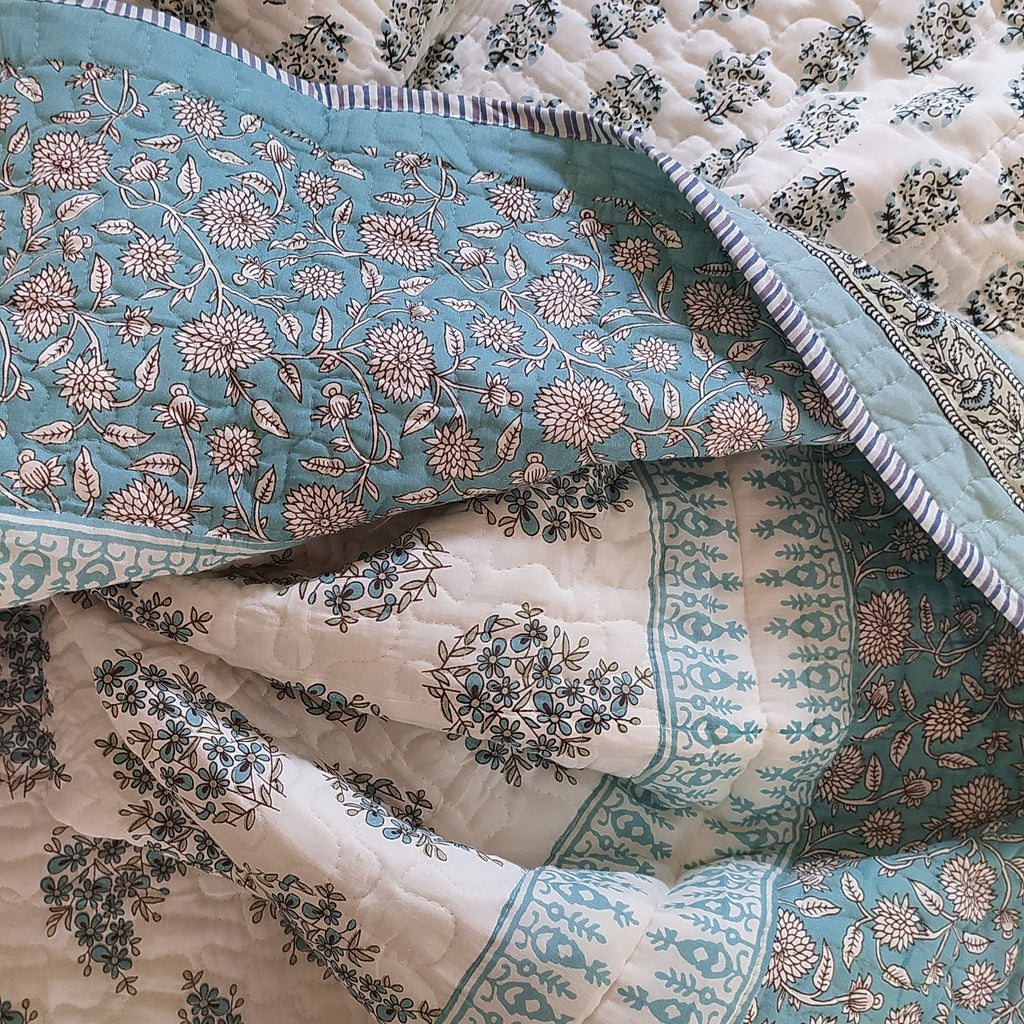 Exquisite Reversible Cotton Comforter, Bedspread, Quilt Block Printed With Pastel Blue & White Floral Prints - L 260 cm x W 215 cm