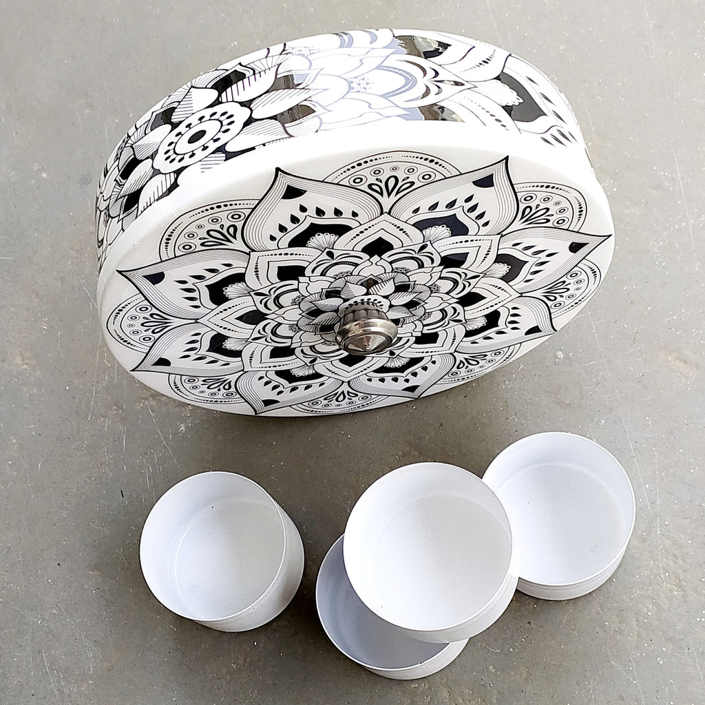 Exquisite Condiment | Spice Box With 7 Containers & Black On White Floral Design. Diameter 21 cm