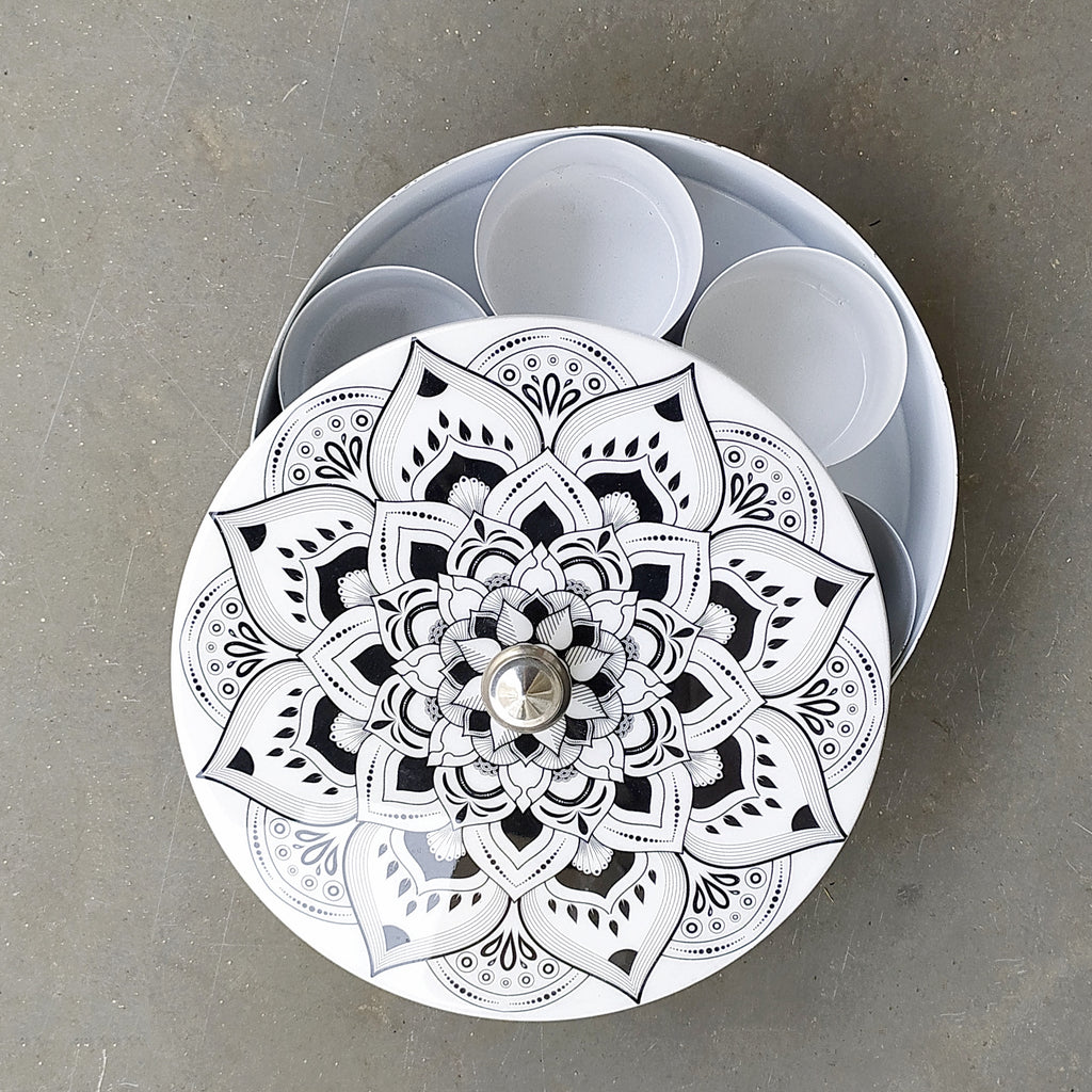 Exquisite Condiment | Spice Box With 7 Containers & Black On White Floral Design. Diameter 21 cm