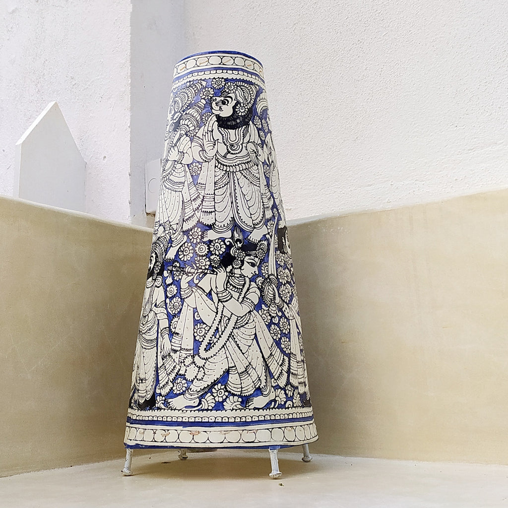 Kalamkari Style Leather Lampshade With Mythological Figures In Vibrant Indigo. Height 44 cm