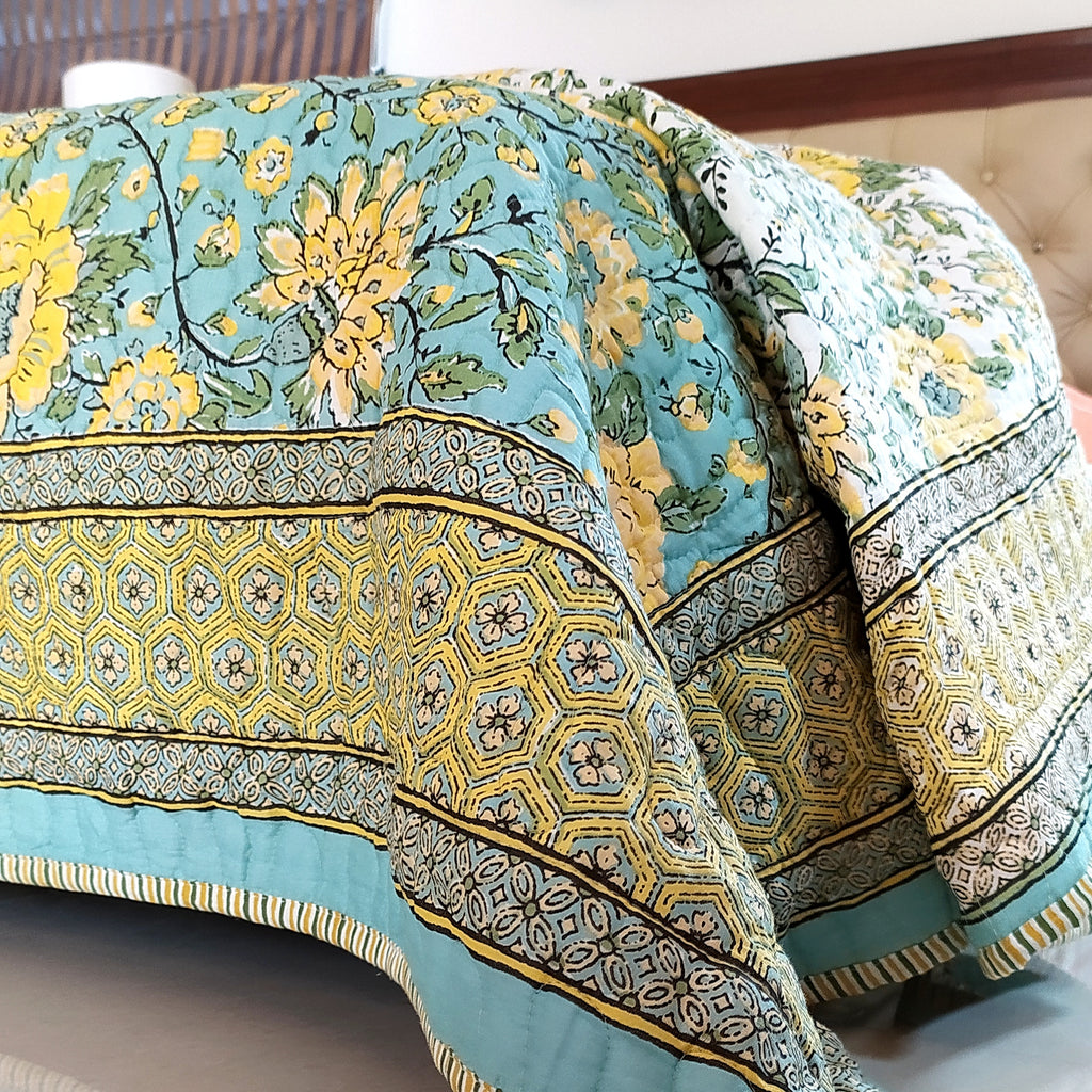 Reversible Cotton Jaipuri Quilt, Comforter,Bedspread, Block Printed With Pastel Green & Yellow Spring Floral Prints - L 260 cm x W 215 cm