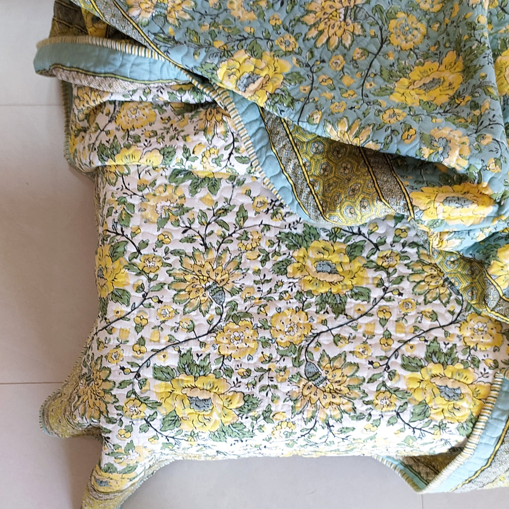 Reversible Cotton Jaipuri Quilt, Comforter,Bedspread, Block Printed With Pastel Green & Yellow Spring Floral Prints - L 260 cm x W 215 cm