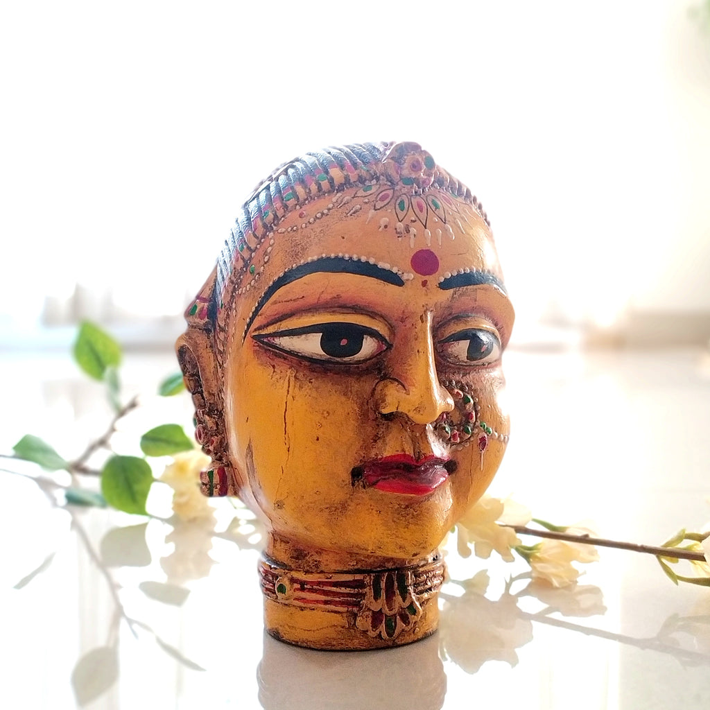 Vintage Wooden Bust of Gangaur Gauri - Goddess of Fertility, Love & Devotion With Rich Ochre Yellow Finish. H 20 cm x W 13 cm